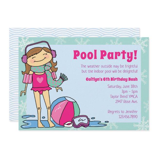 Winter Pool Party Brunette Girl Indoor Swimming Invitation