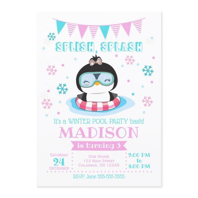 Winter Pool Party Invitation / Girl Penguin Invite