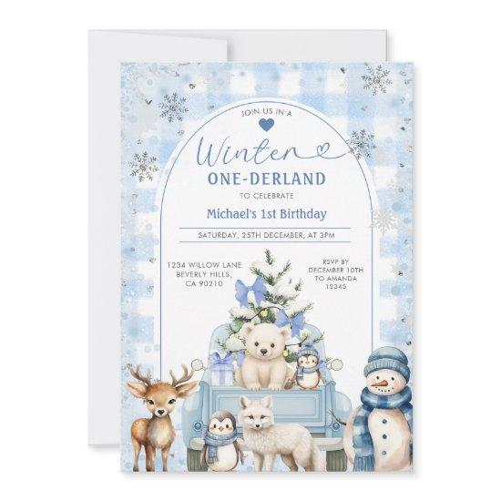 Winter Truck Onederland Boy 1st Birthday Animals Invitation