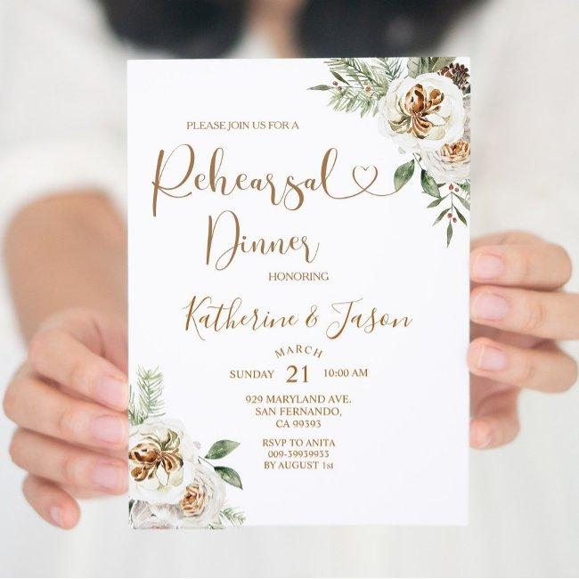 Winter White Floral Chritmas Rehearsal Dinner Invitation