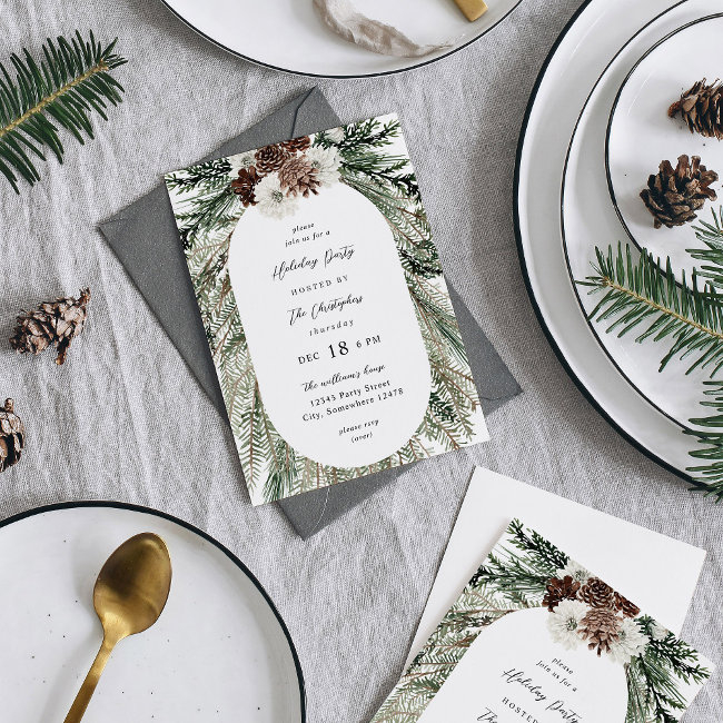 Winter White Floral & Pine Tree Christmas Invitation