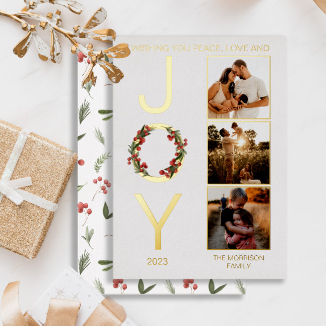 Wishing You Peace Love And Joy 3 Photo Christmas Foil Holiday Invitations