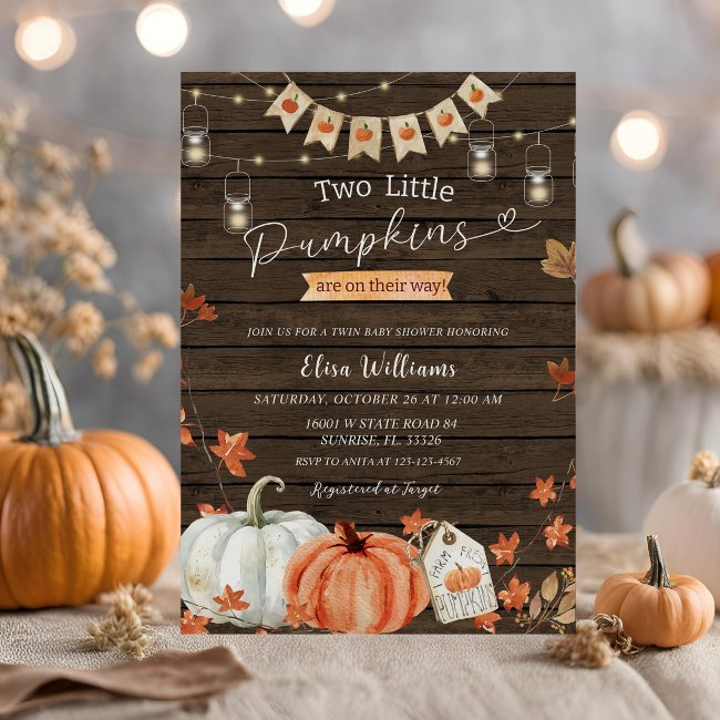 Wood Two Little Pumpkins Are On Their Way Invitation