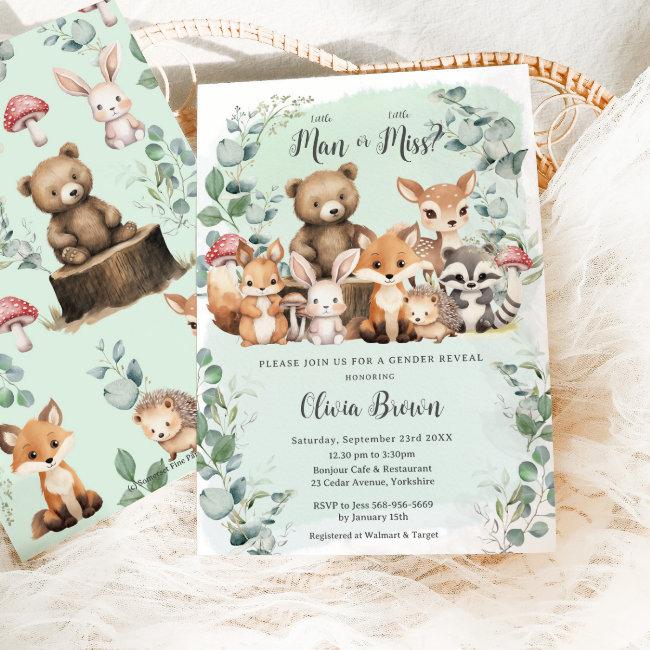 Woodland Animals Greenery Gender Reveal Shower Invitation