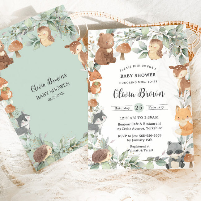 Woodland Animals Sage Greenery Neutral Baby Shower Invitation