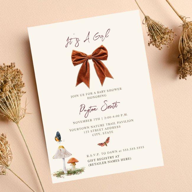Woodland Mushroom Bow Girl Baby Shower Invitation