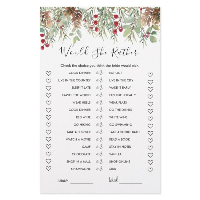 Would She Rather Bridal Shower Game, Winter Pine