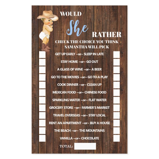 Would She Rather Cowboy Baby Shower Game Invitations Flyer