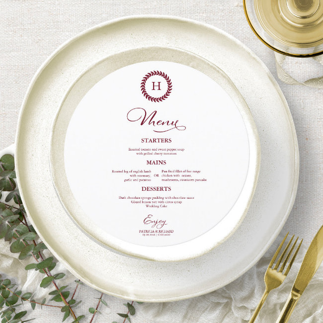 Wreath Monogram Wedding Menu Invitations Burgundy