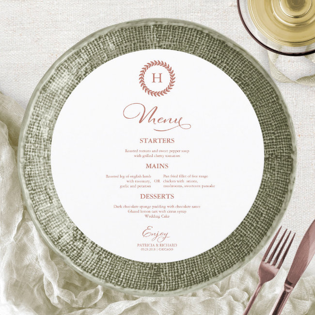 Wreath Monogram Wedding Menu Invitations Rose Gold