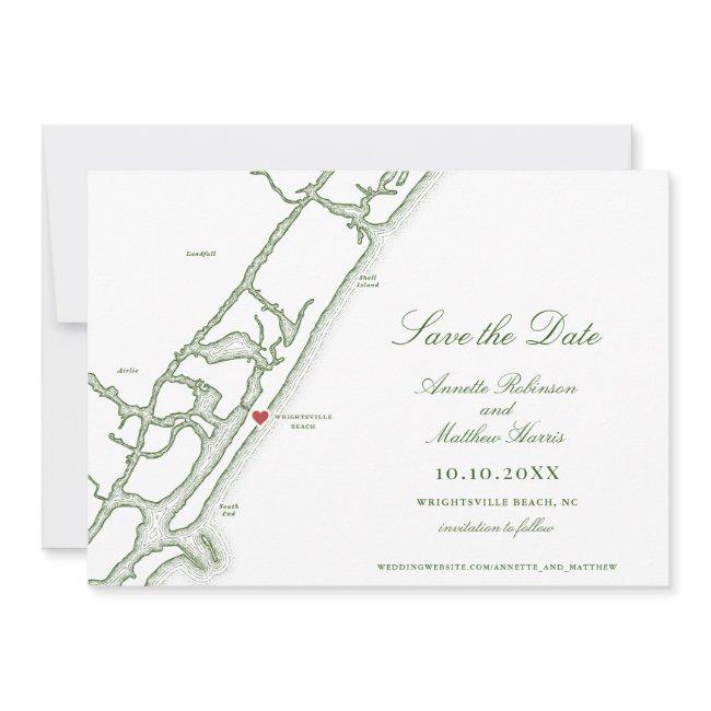 Wrightsville Beach Nc Map Forest Green Wedding Save The Date