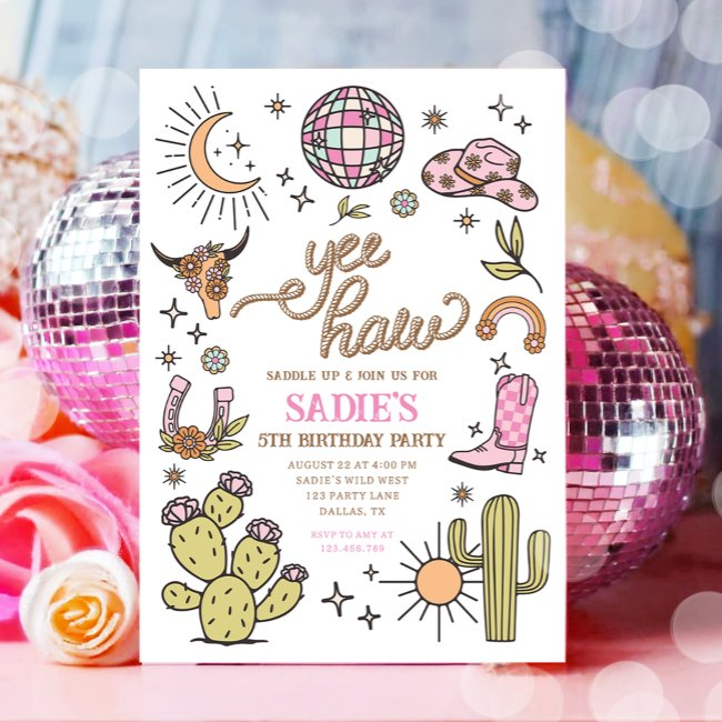 Yee Haw Girl Rodeo Retro Disco Cowgirl Birthday Invitation