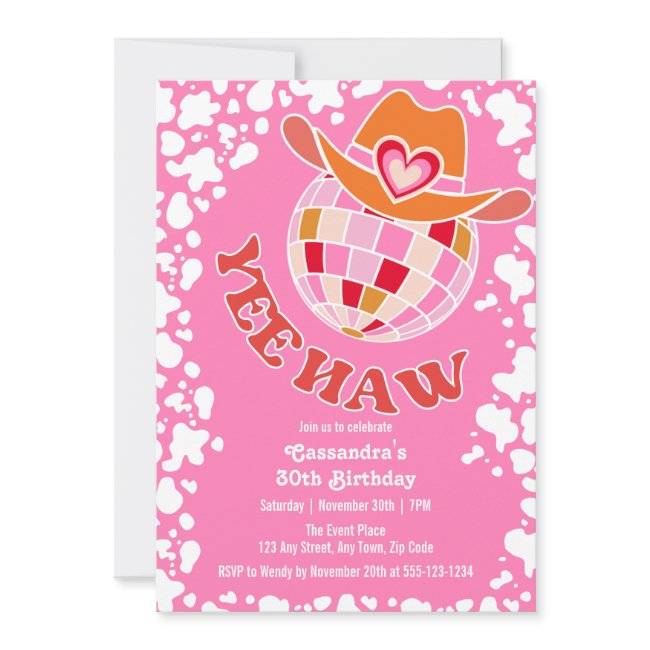 Yee Haw Pink Disco Cowgirl Rodeo Birthday Invitation