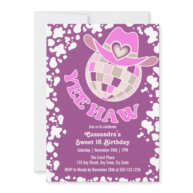 Yee Haw Purple Disco Cowgirl Rodeo Birthday Invitation
