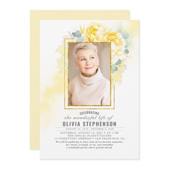 Yellow Floral Faded Foliage Funeral Photo Invitation