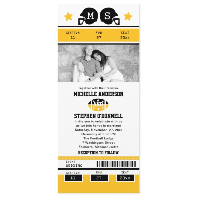Yellow Gold Black Football Ticket Wedding Invite