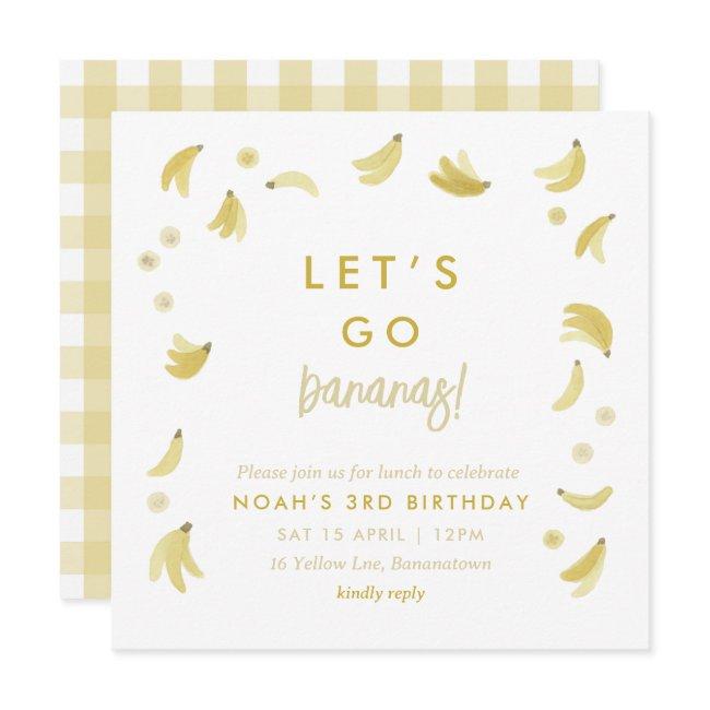 Yellow Lets Go Bananas Birthday Banana Party Theme Invitation