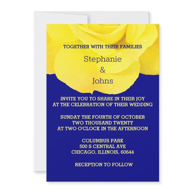 Yellow Navy Blue Floral Rose Elegant Cool Wedding Invitation