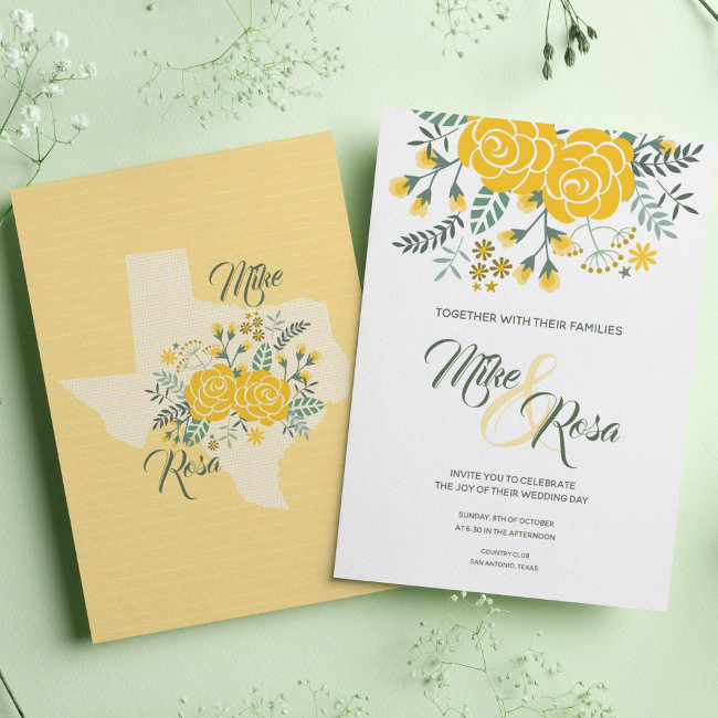 Yellow Rose Of Texas - Gingham With Roses Wedding Invitation