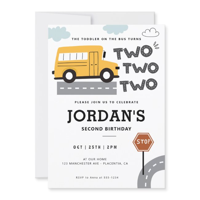 Yellow School Bus 2nd Birthday Wheels On The Bus Invitation