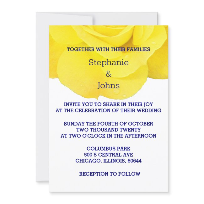 Yellow White Navy Blue Floral Rose Simple Wedding Invitation
