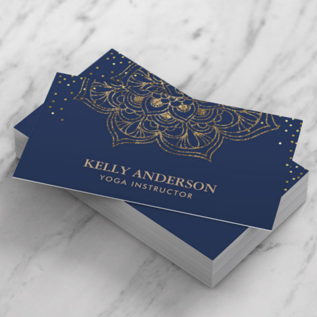 Yoga Instructor Lotus Mandala Elegant Navy & Gold Business Invitations