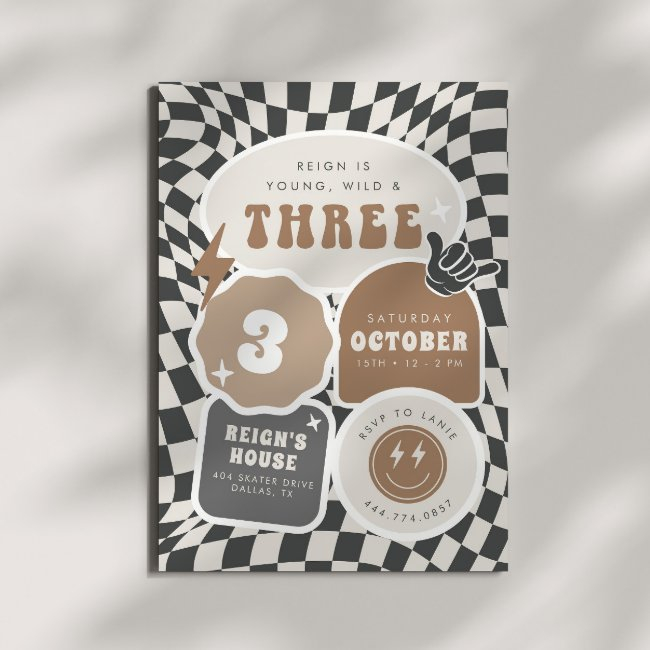 Young, Wild & Three | Boys 3rd Retro Birthday Invitation