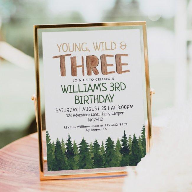 Young Wild & Three Rustic Wood Boys 3rd Birthday Invitation