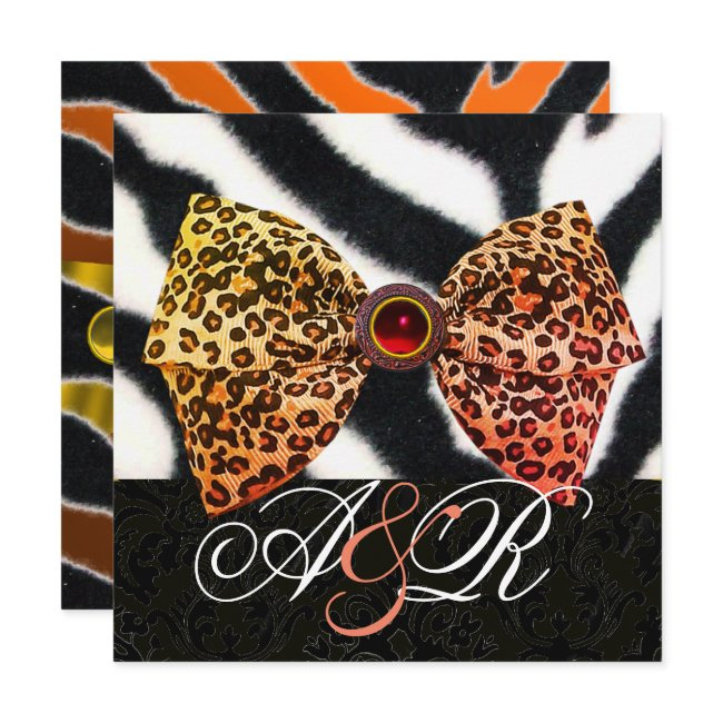 Zebra Fur,leopard Skin Bow ,black Damask Monogram Invitation