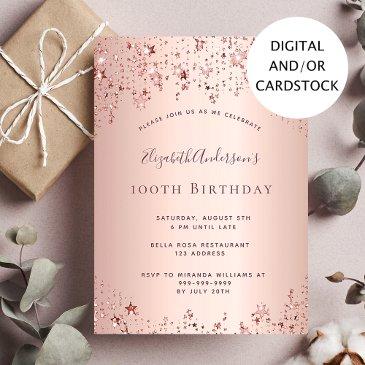 100th birthday party rose gold stars sprinkle invitation