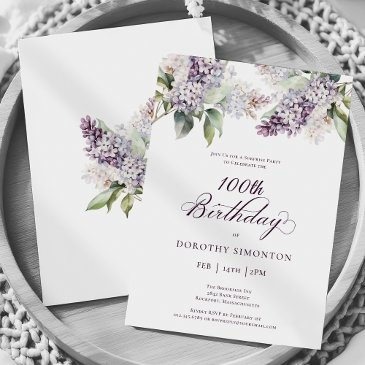 100th birthday surprise party purple lilac flower invitation