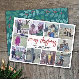 Small 10 Photo Collage - Merry Christmas Teal Botanical Holiday Invitations Front View