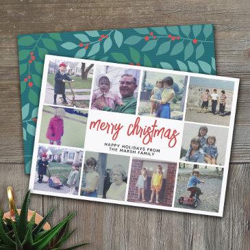 10 photo collage - merry christmas teal botanical holiday invitations