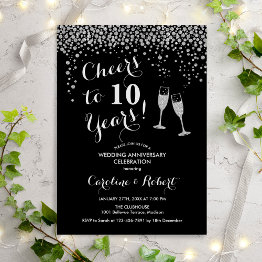 Small 10th Anniversary - Cheers To 10 Years Silver Black Invitation Front View
