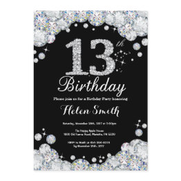 Small 13th Birthday Invitation Chalkboard Silver Diamond Front View