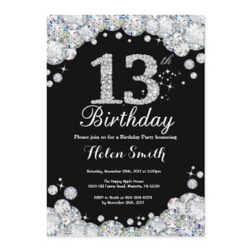 13th birthday invitation chalkboard silver diamond