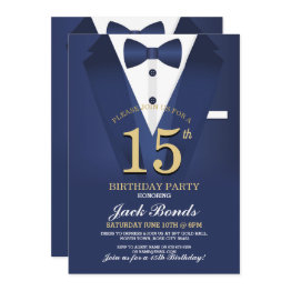 Small 15th Birthday Spy Suit Black Tie Gold Tuxedo Ball Invitation Front View