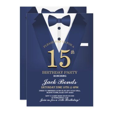 15th birthday spy suit black tie gold tuxedo ball invitation