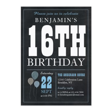 16th birthday chalkboard blue balloon rustic chic invitation