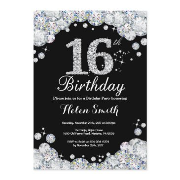16th birthday invitation chalkboard silver diamond