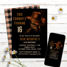 Small 16th Birthday Rustic Cowboy Hat And Leather Boots Invitation Front View