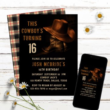16th birthday rustic cowboy hat and leather boots invitation
