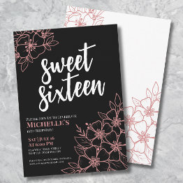 Small 16th Rose Gold Floral Sweet Sixteen Birthday Party Invitation Front View