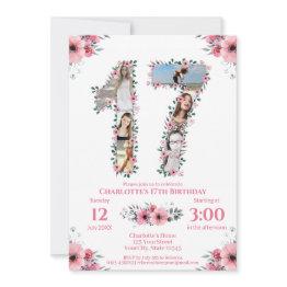 Small 17th Birthday Girl Photo Collage Pink Flower White Invitation Front View
