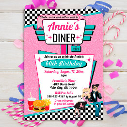 Small 1950's Diner Retro Birthday Party Sock Hop Design Invitation Front View