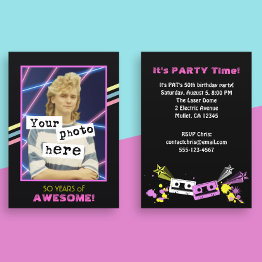 Small 1980's Retro Style Photo Party Announcement Front View