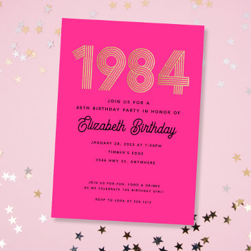 1984 hot pink black gold 40th birthday invitation