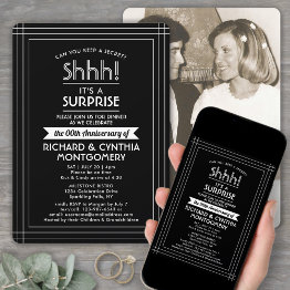 Small 1 Photo Anniversary Surprise Party Black And White Invitation Front View