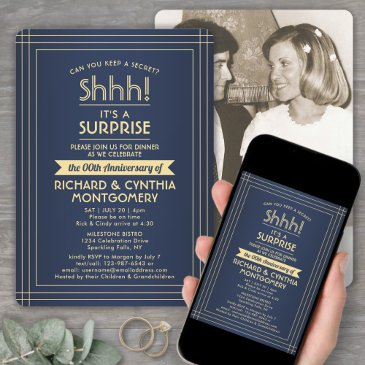 1 photo anniversary surprise party navy blue gold invitation