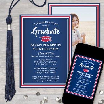 1 photo elegant congrats red white blue graduation invitation